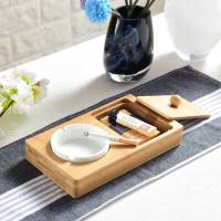 新款竹制底托陶瓷烟灰缸带储物空间小盒子创意家用烟碟可置物 大号烟碟