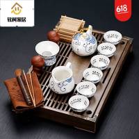 陶瓷玲珑冰裂功夫茶具实木排水茶盘小号茶台办公家用套装茶楼茶园泡茶用具SN0199 棕色年年有余+汝窑西施