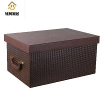 装袜子皮带的特大号皮革储物箱收纳箱有盖衣物玩具整理箱汽车置物箱SN 棕色格子纹带五金把手 特大号(49*34.5*25)