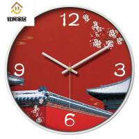 客厅墙面挂钟客厅创意新中式时钟表挂表卧室茶馆棋牌室静音壁钟石英钟SN6964 红尘雪白框 14英寸