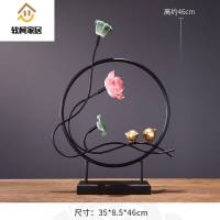 新中式客厅现代装饰茶室桌面摆件小饰品办公室博古架铁艺禅意摆设玄关隔断屏风装饰品SN626 映日莲花A款+大小号中式储物罐