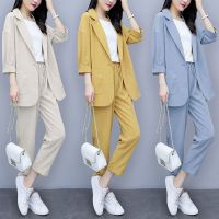 小西装外套女春秋两件套大码韩版宽松显瘦休闲棉麻西服套装女减龄