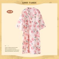 夏天短袖睡袍女夏季纯棉2021年新款可爱水蜜桃日式浴袍式睡衣睡裙