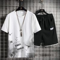 男士短袖t恤2021夏季新款男装一套冰丝韩版潮流短裤休闲运动套装