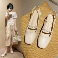 达芺妮真皮2021夏季新款粗跟包头凉鞋女中跟方头仙女风玛丽珍单鞋