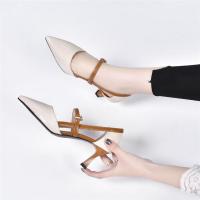 2021夏季新款真皮女鞋头层牛漆皮高跟细跟尖头橡胶防滑舒适型软底|米色 36