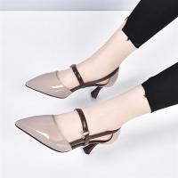 2021夏季新款真皮女鞋头层牛漆皮高跟细跟尖头橡胶防滑舒适型软底|灰色 36