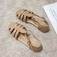 镂空女鞋2021春夏简约交叉编织低跟一字带罗马复古包头时尚凉鞋女