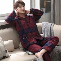 睡衣男士秋冬款加厚纯棉长袖三层夹棉袄全棉家居服秋冬天保暖套装