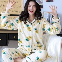 时尚气质睡衣女大码加厚法兰绒秋冬季长袖家居服珊瑚绒妈妈装春秋