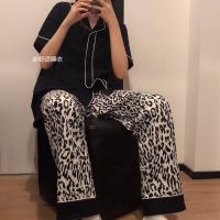 网红睡衣女夏季短袖长裤黑色豹纹ins韩版时尚休闲宽松家居服套装