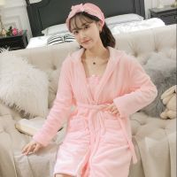 冬天睡衣女法兰绒性感浴袍加厚可爱韩版学生睡袍裙冬家居服三件套