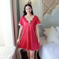 夏季睡衣女冰丝性感蕾丝睡裙仿真丝薄款宽松大码连衣裙胖mm家居服