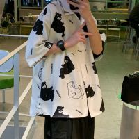 白衬衫男短袖小熊夏季港风日系ins设计感衬衣韩版潮流痞帅气上衣