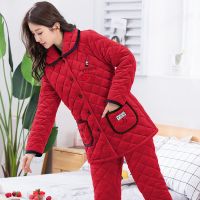 睡衣女冬季三层加厚珊瑚绒夹棉加绒可爱保暖红色女士法兰绒家居服
