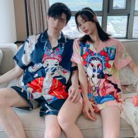 国潮情侣睡衣女夏季冰丝短袖短裤薄款韩版男士大码仿真丝绸家居服