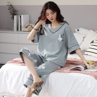 新款夏季睡衣女短袖棉质夏款七分裤妈妈时尚休闲大码胖mm睡衣套装