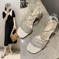 粗跟凉鞋女夏网红ins2021新款韩版仙女风一字扣带水钻透明高跟鞋