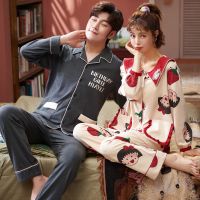 情侣睡衣春秋冬季纯色棉长袖可爱开衫宽松男士家居服套装一男一女