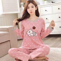春秋季长袖加厚纯棉睡衣女可爱大码冬天套装韩版宽松可外穿