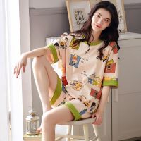 睡衣女夏季短袖韩版学生可爱薄款大码宽松甜美休闲两件套装家居服