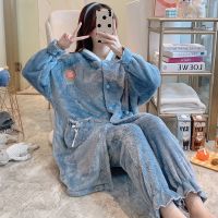 大码厚法兰绒睡衣胖mm珊瑚绒睡袍连帽中长款家居服开衫冬女200斤