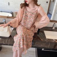 雪纺碎花连衣裙女神范2020新款显瘦裙夏气质长款宽松香芋紫吊带裙