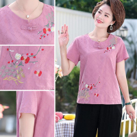 妈妈夏装棉麻套装中年人洋气大码上衣中老年女装纯棉短袖两件套