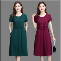 中老年女装莫代尔棉连衣裙夏妈妈短袖裙子大码中年女士系带过膝裙