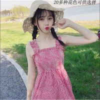 韩版小清新中长款抹胸吊带裙无袖格子连衣裙显瘦打底长裙春夏