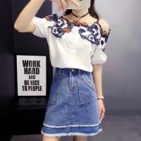 夏季新款韩版气质花朵衬衣一字领露肩花边白衬衫+牛仔裙套装女潮