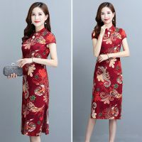 妈妈装夏装大码复古旗袍长款连衣裙中老年人女装洋气碎花短袖裙子