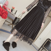 秋冬新品高腰蕾丝拼接金丝绒半身裙中长款百褶裙宽松显瘦a字裙