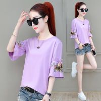含棉短袖t恤女2020夏季新款韩版宽松小清新喇叭袖上衣打底衫潮