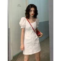 bayue八月 白色泡泡袖连衣裙设计感法式小众气质显瘦绑带小香风裙