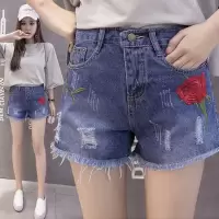 玫瑰花边高腰牛仔短裤女2020春夏新款宽松破洞阔腿裤热裤