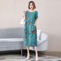 [棉]连衣裙女2020夏宽松大码新款短袖大码中老年妈妈装过膝长裙