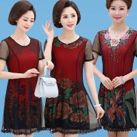 中老年女夏装蕾丝连衣裙妈妈装中长款短袖民族风宽松中年网纱裙新