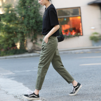 军绿色裤子女夏工装裤女宽松直筒休闲女裤夏季薄款运动九分哈伦裤
