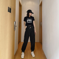 小念定制 宽松腰带九分工装裤女夏季薄款高腰束脚显瘦直筒运动裤