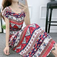 夏民族风棉绸碎花连衣裙海边度假人棉仙女裙大码印花背心中长裙子