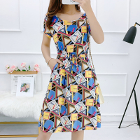 2020年夏季新款棉绸连衣裙大码圆领短袖碎花系带口袋人造棉大摆裙