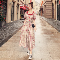 泡泡袖长款连衣裙2020新款夏季仙女裙格子温柔风气质显瘦衬衫长裙