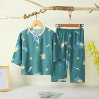 夏季儿童棉绸睡衣男孩女童空调服薄中长袖棉绸宝宝套装家居服