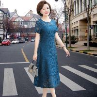 中年妈妈装蕾丝连衣裙2020新款中长款礼服女大码短袖过膝裙子女夏