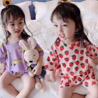 纯棉ins超火女童睡衣夏装薄款儿童宽松家居服套装女孩短袖空调服
