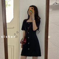 春夏2020新款韩版收腰显瘦方领短袖小黑色裙洋气百搭简约连衣裙女