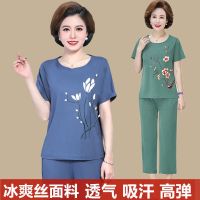 妈装夏装两件套装新款中老年女短袖t恤洋气大码上衣