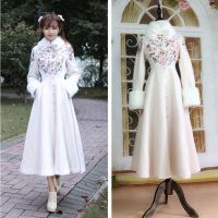 韩版冬季新款优雅复古文艺清新兔毛领羊毛呢大衣刺绣中长款女外套