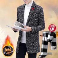 加绒男士小西装领风衣中长款青中年西服外套毛呢大衣